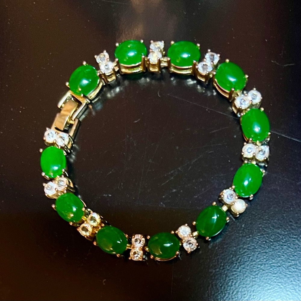 Vintage Green and Gold Women’s Tennis Bracelet Lucky Jade w/ Crystal Stone 7.5”